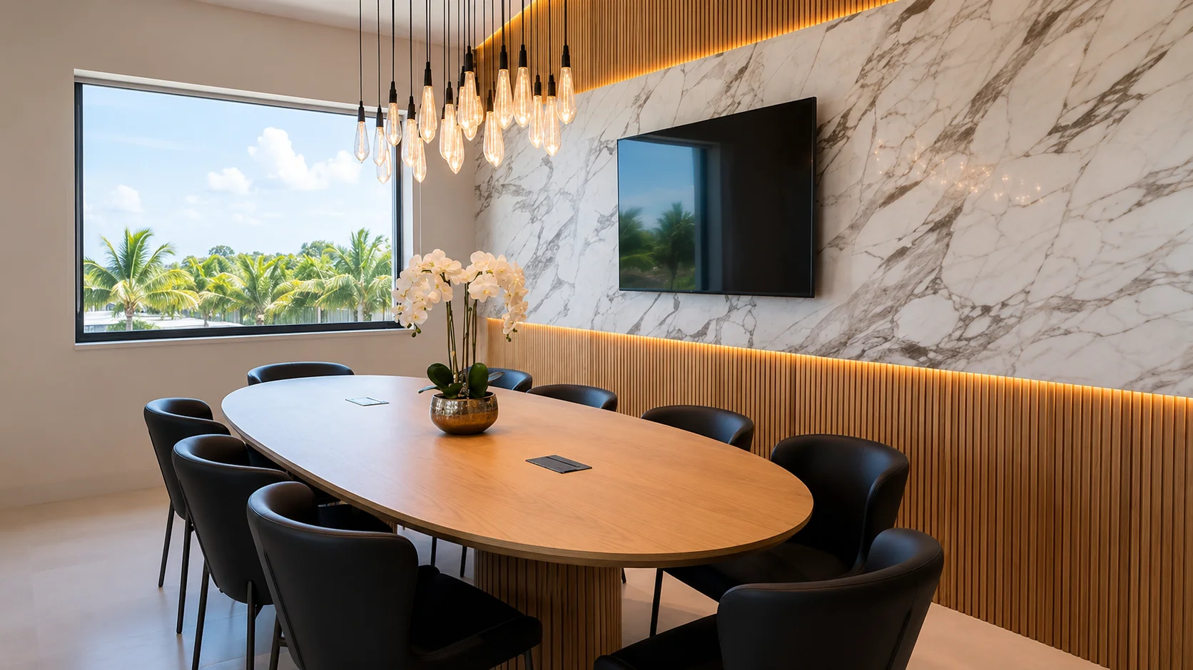 Conference room at Pomeranz Law where business litigation matters are reviewed with clients